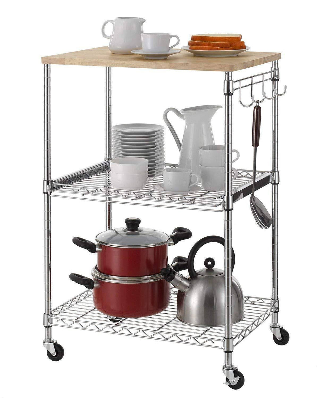 3-Tier Wire Rolling Kitchen Cart with Oak Cutting Board and Chrome C60512