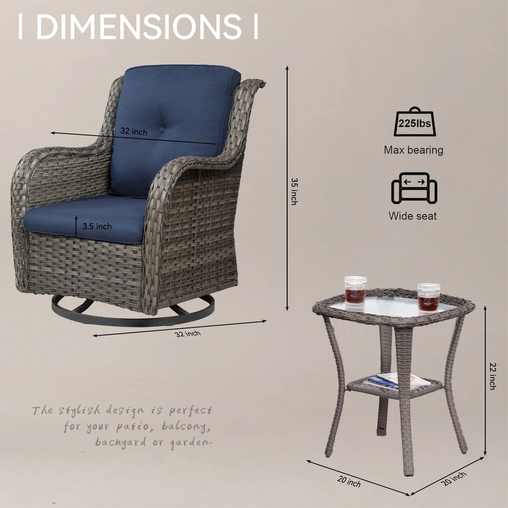 Blue Wicker Patio Swivel Rocker Chairs Set of 2 with Table J733398