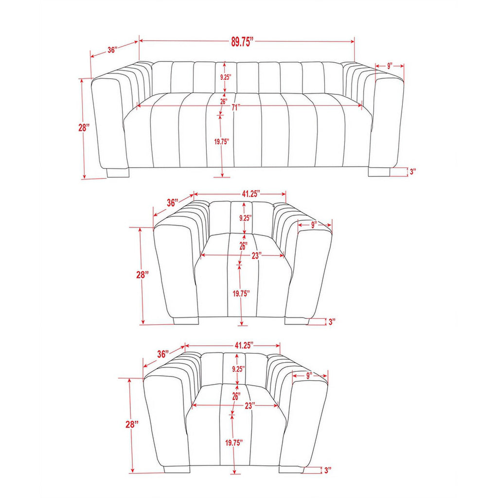 Gray Velvet Fabric Sofa and 2 Armchairs Set Q2690