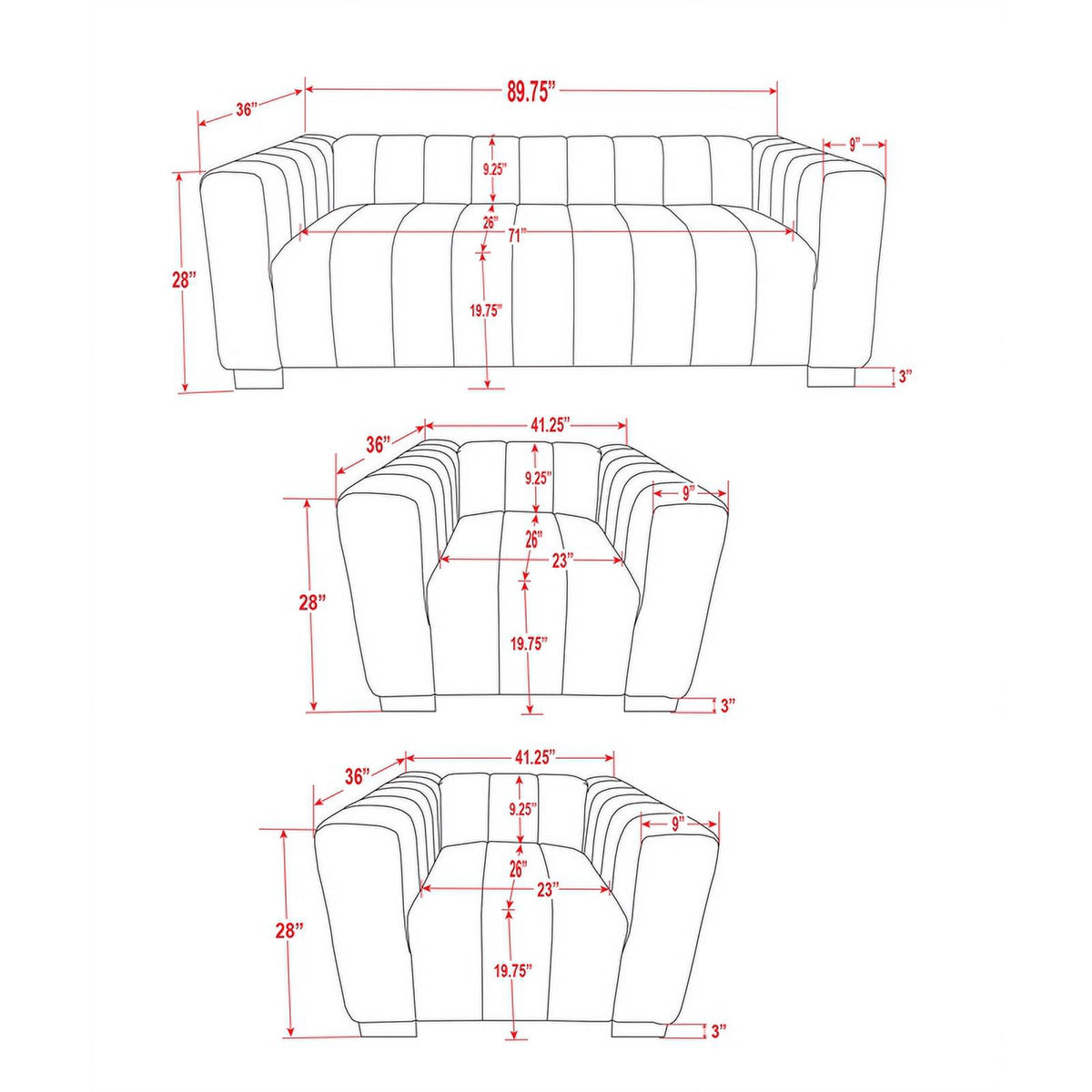 Gray Velvet Fabric Sofa and 2 Armchairs Set Q2690