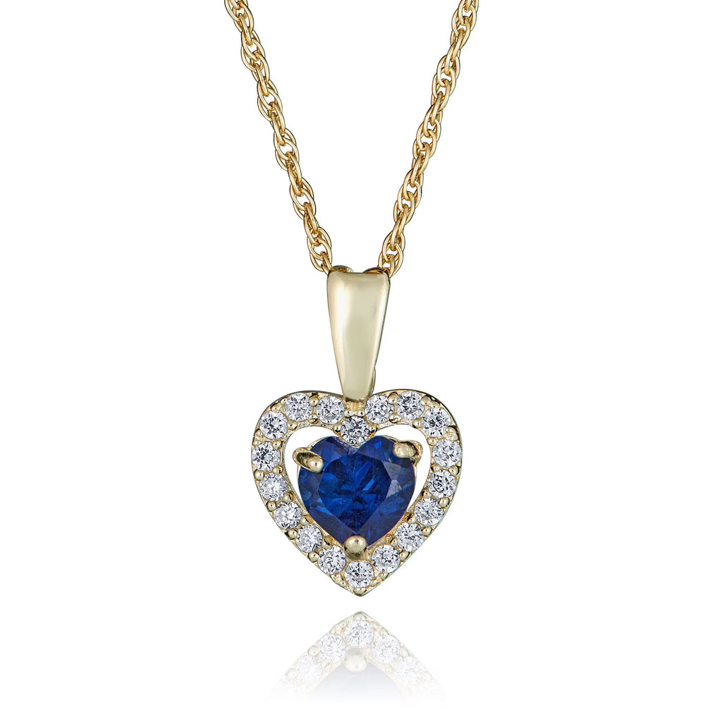 14K Yellow Gold Blue Sapphire CZ Heart Halo Pendant Necklace with 18" Chain Q280468