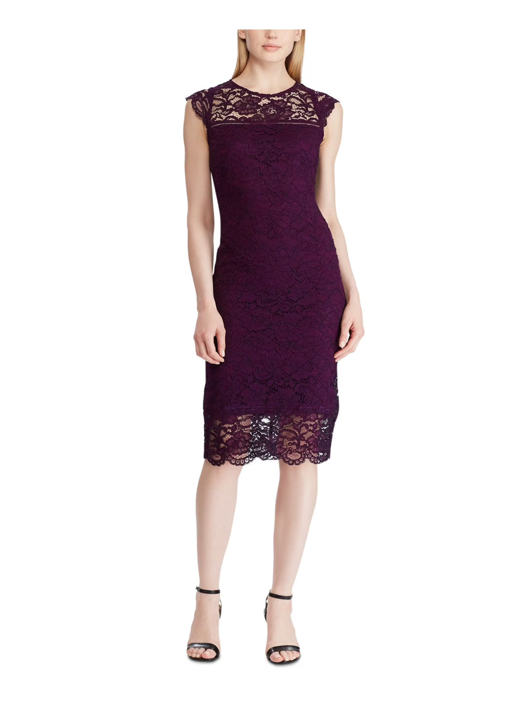 Purple Cap Sleeve Below The Knee Sheath Evening Dress U1940