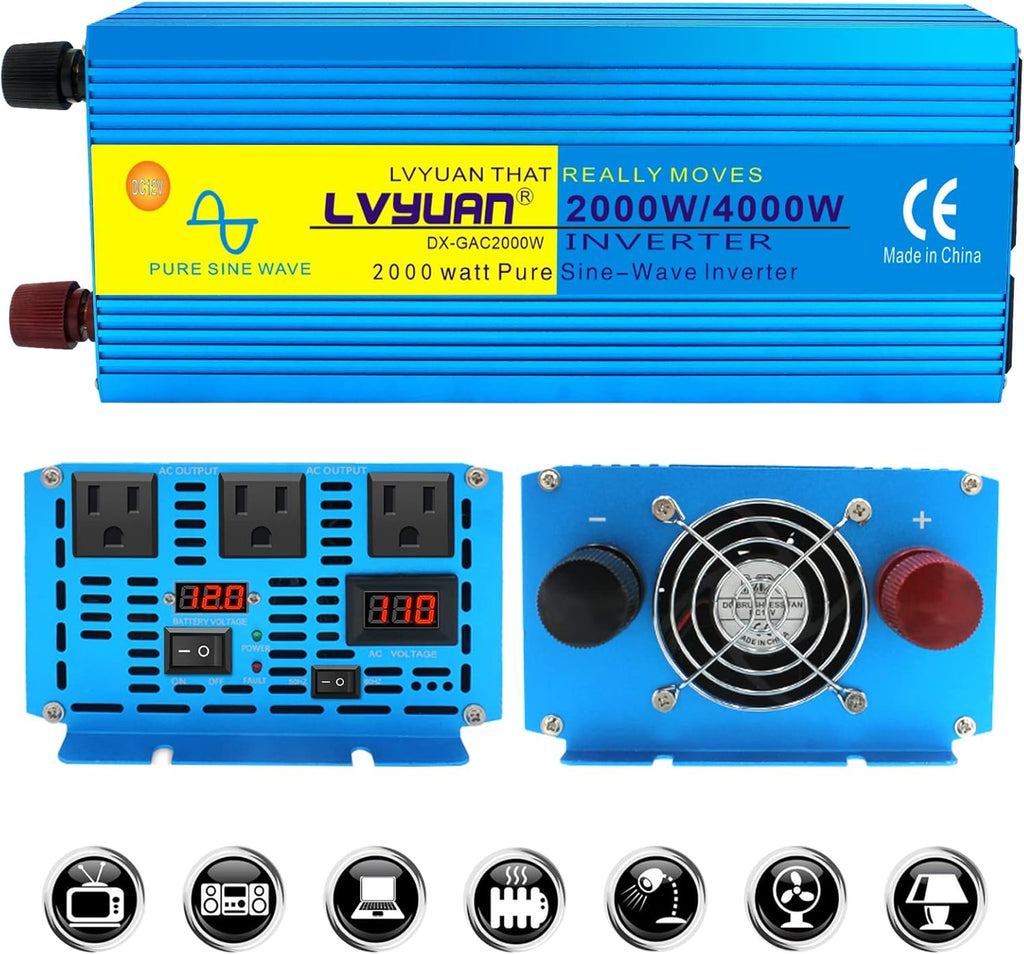 2000W Pure Sine Wave Power Inverter 12V DC to 110V AC with LED Display 3 AC Outlets Y13000
