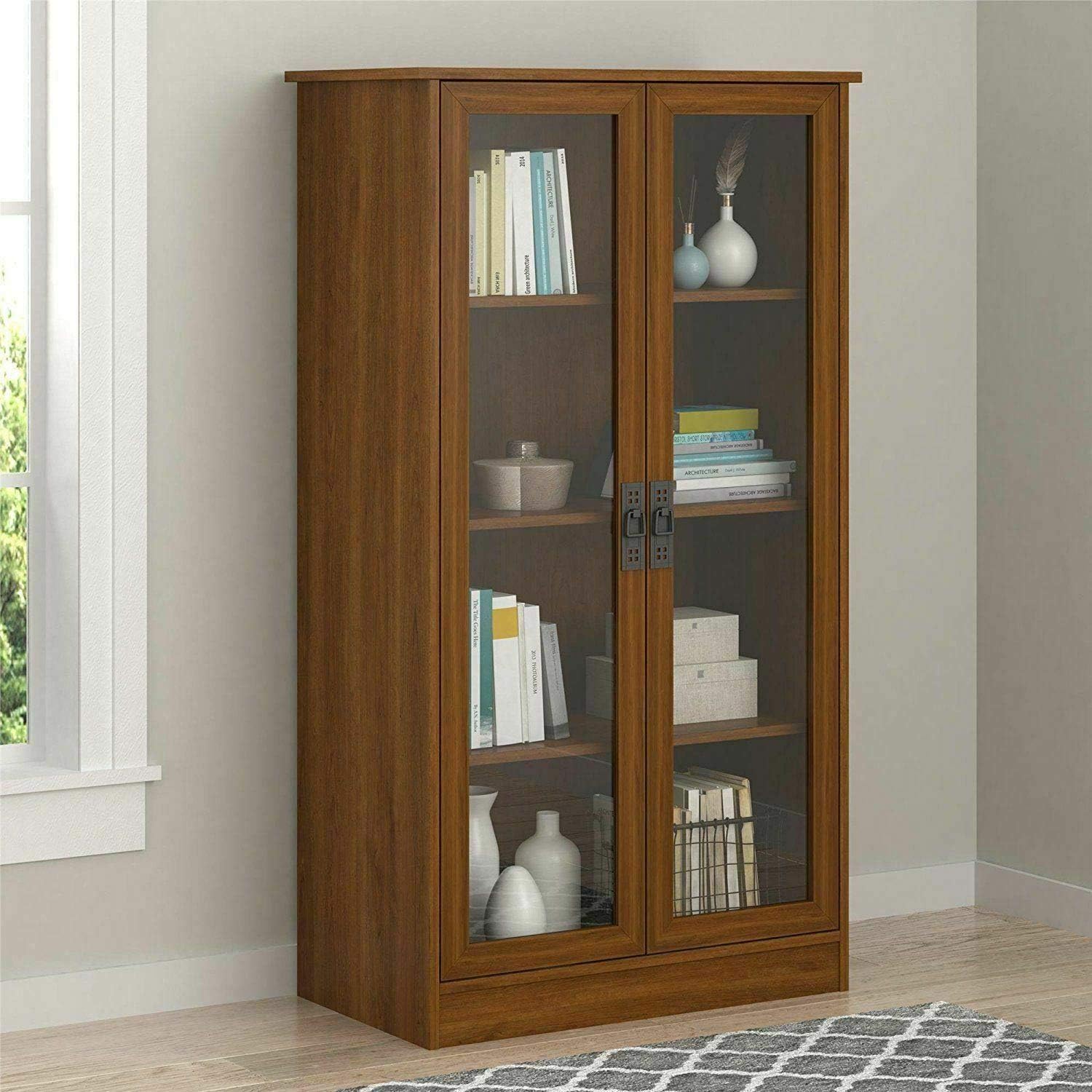 Cherry Finish Wooden Glass Door Bookcase with 2 Adjustable Shelves V2474
