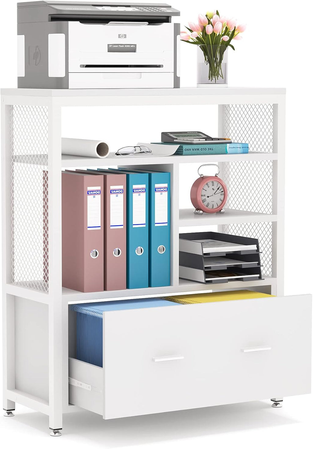 Black Wood Lateral File Cabinet with Drawer and Metal Wire Open Storage Shelves V670778