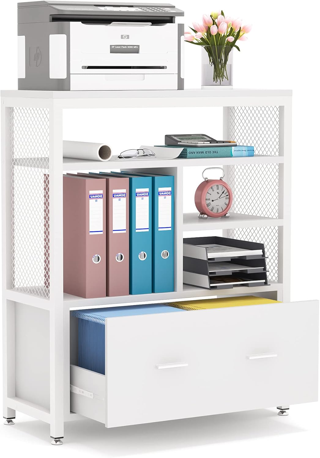 Black Wood Lateral File Cabinet with Drawer and Metal Wire Open Storage Shelves V670778