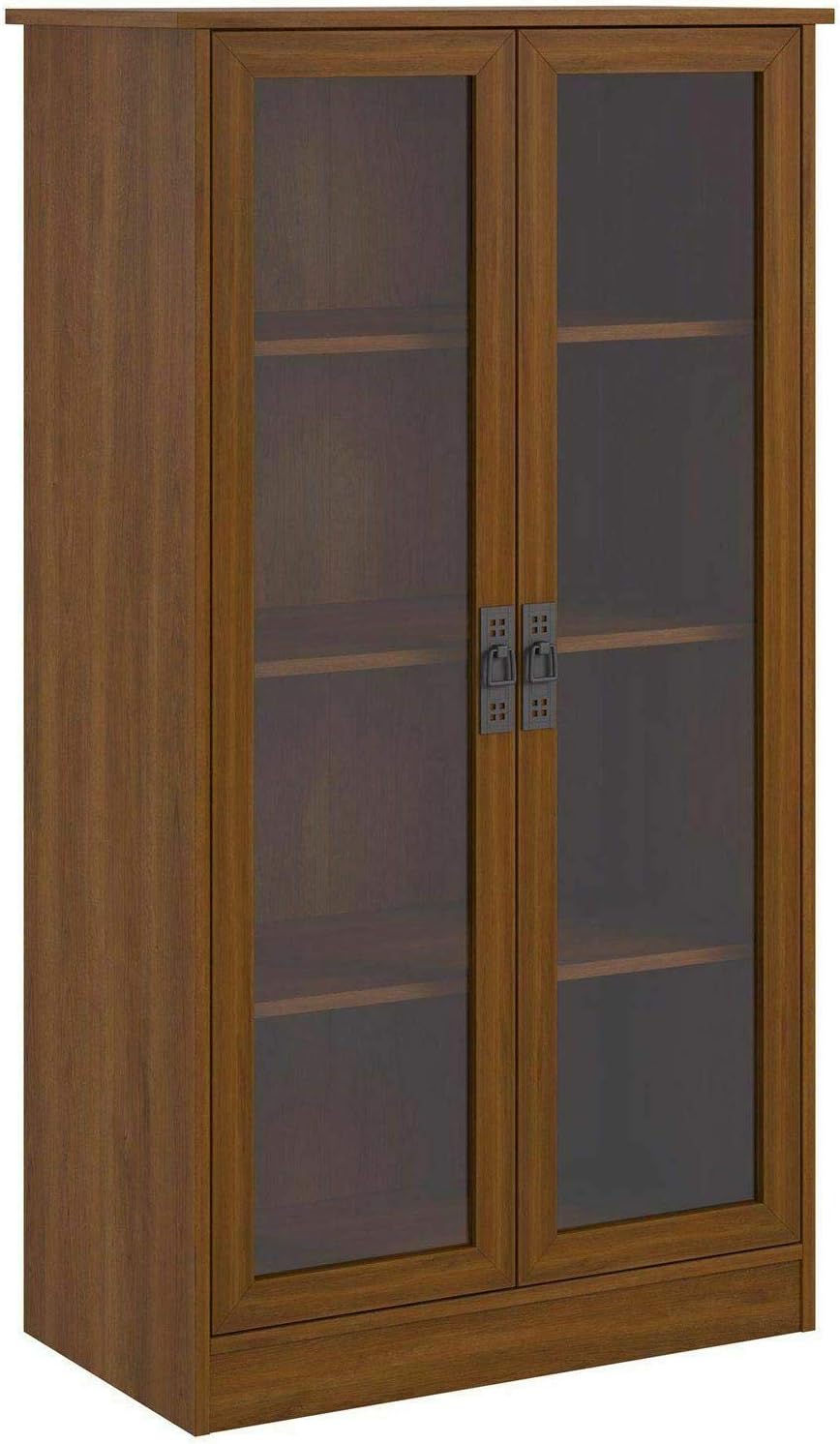 Cherry Finish Wooden Glass Door Bookcase with 2 Adjustable Shelves V2474