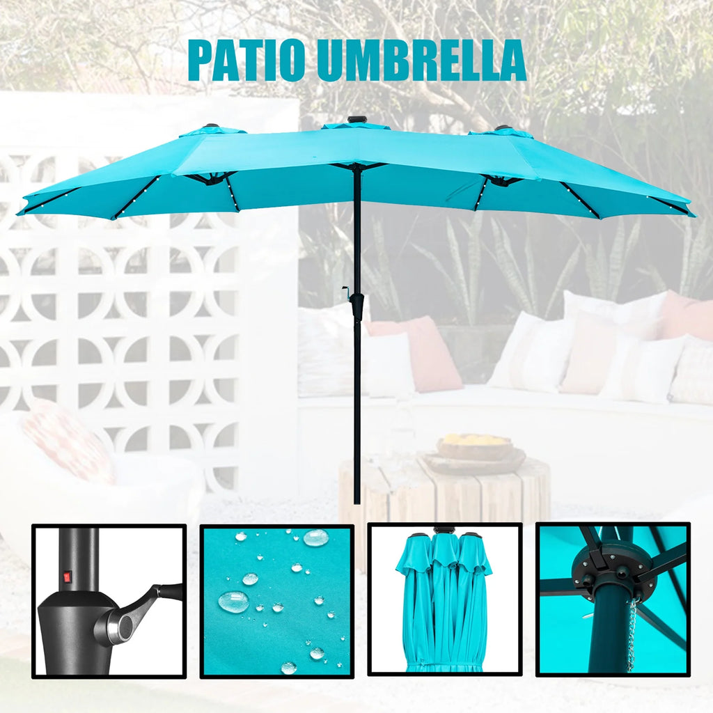 15ft Double-Sided Patio Solar Umbrella with Tilt and Crank, Blue V612