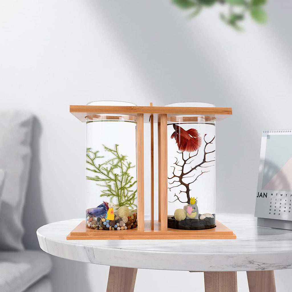 Bamboo Fish Bowl Glass Aquarium Mini Fish Tank Q976