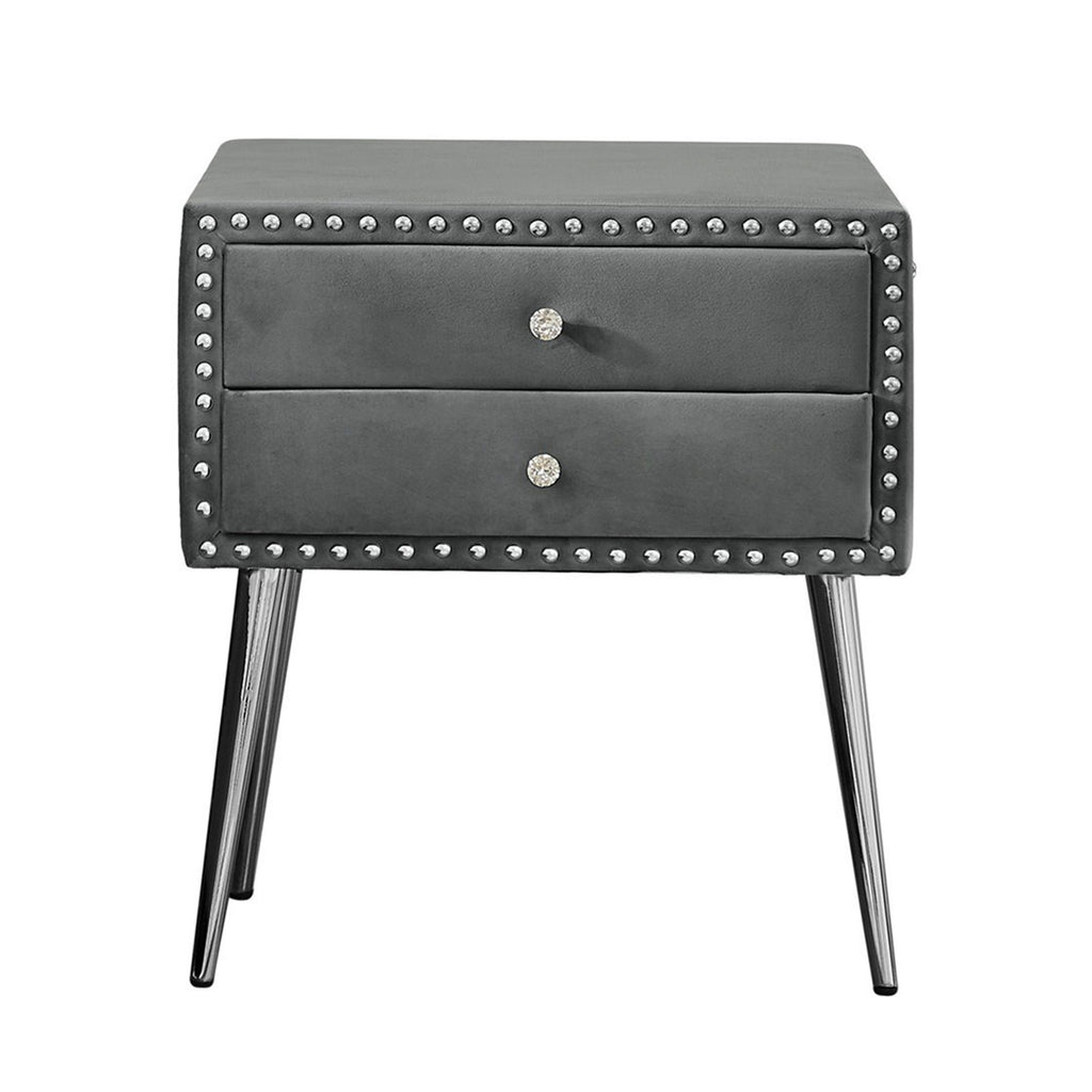 Gray Velvet Nightstand with 2 Drawers and Metal Legs V55780