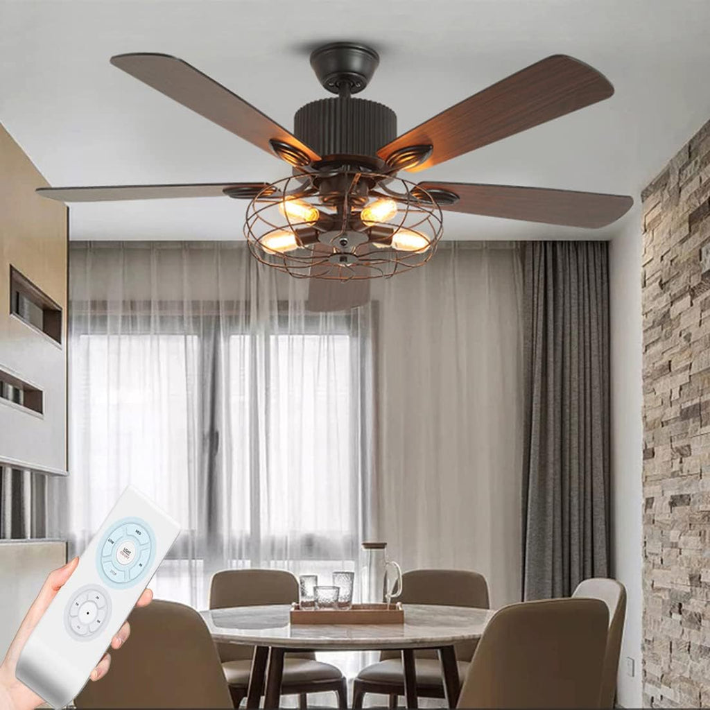 Black Industrial Ceiling Fan with Light and Remote, 5 Wood Blades, 5-Lights E26 B75632