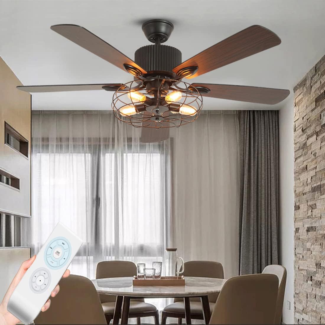 Black Industrial Ceiling Fan with Light and Remote, 5 Wood Blades, 5-Lights E26 B75632