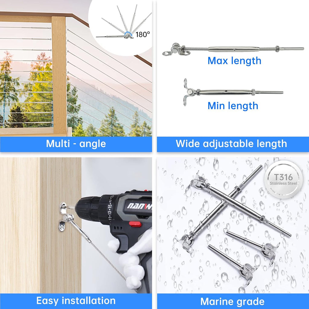16Set Cable Railing Kit 1/8 T316 Stainless Steel Angle 180° Adjustable U17124