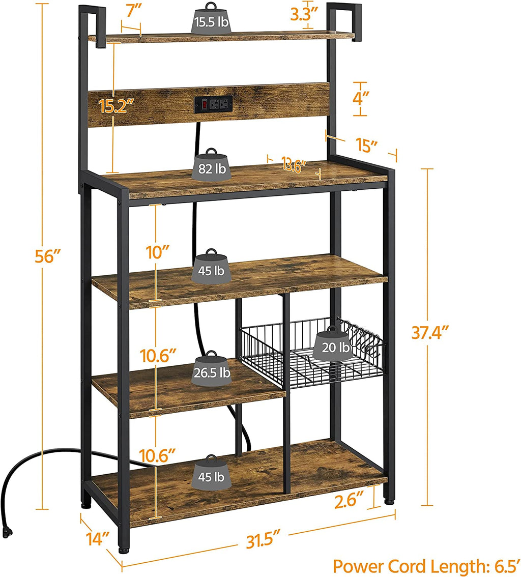 Rustic Brown 5-Tier Bakers Rack with Power Outlet N449