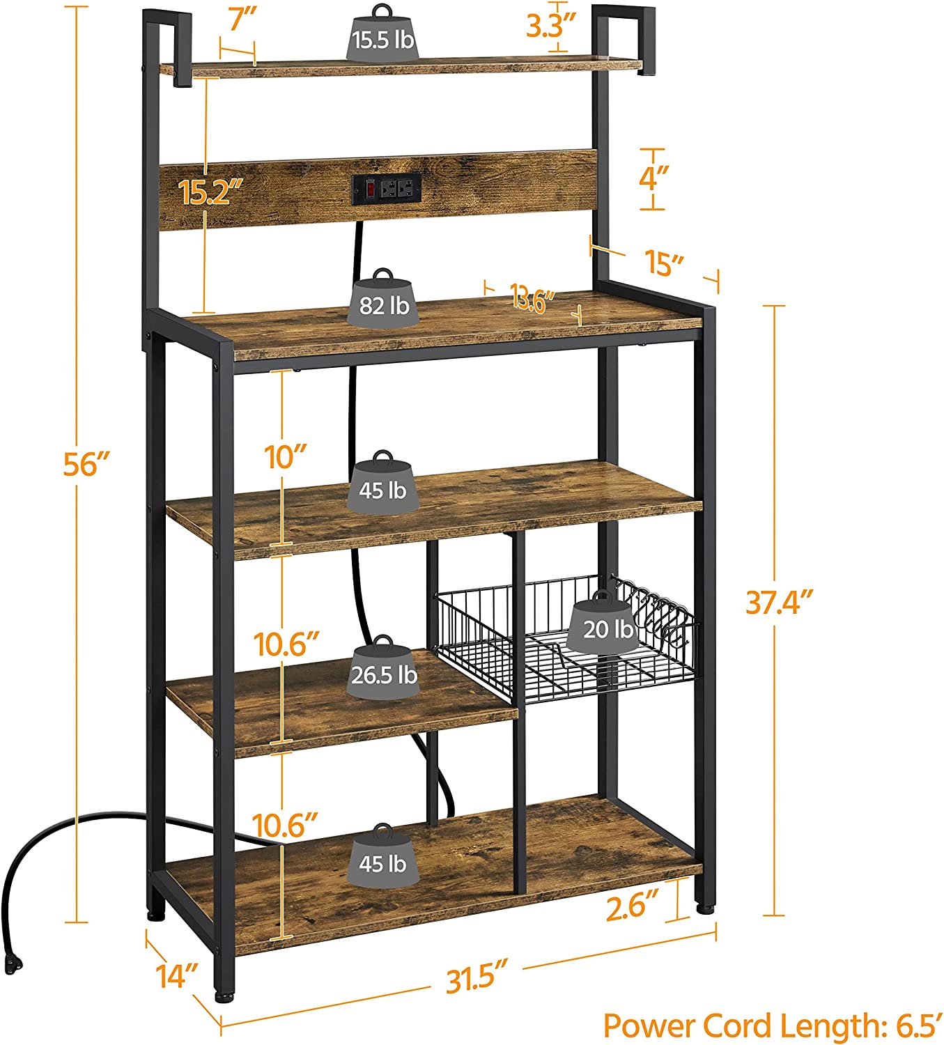 Rustic Brown 5-Tier Bakers Rack with Power Outlet N449