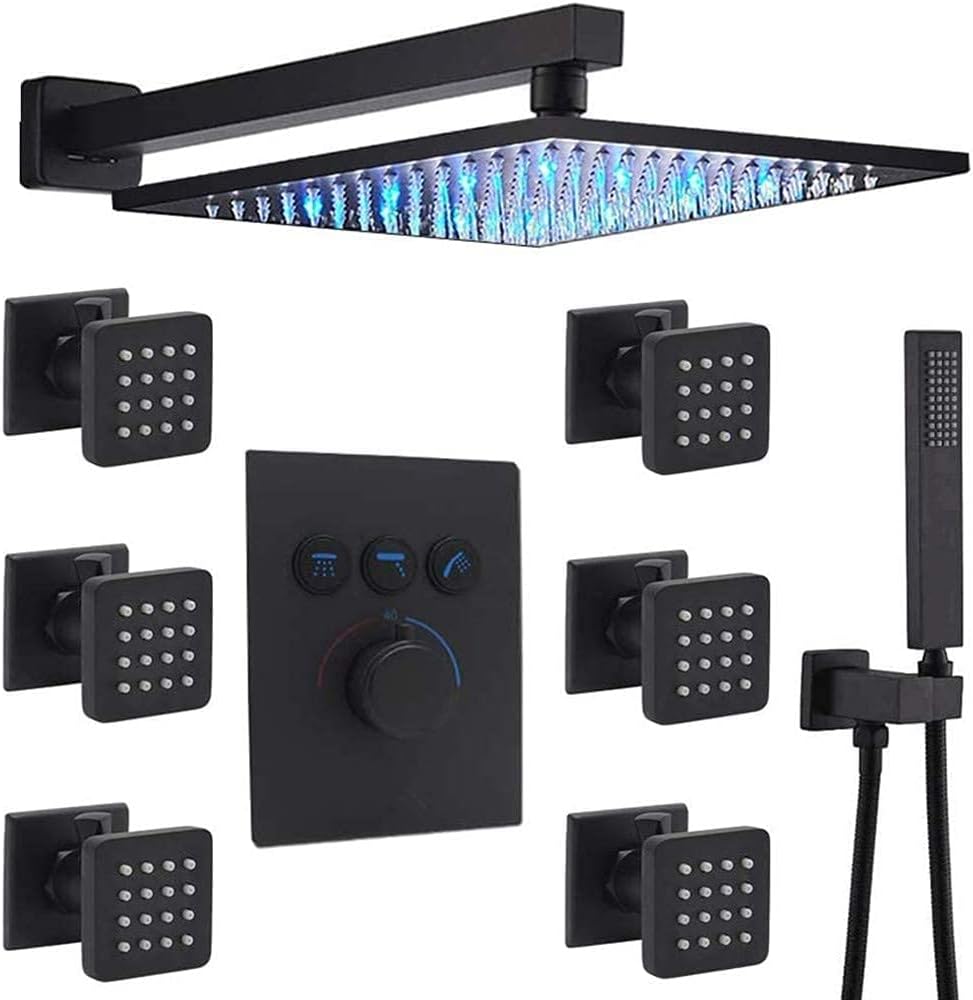 Matte Black 12 Inch Wall Mount LED Rainfall Shower System with 6pcs Body Jets and Shower Handheld D732