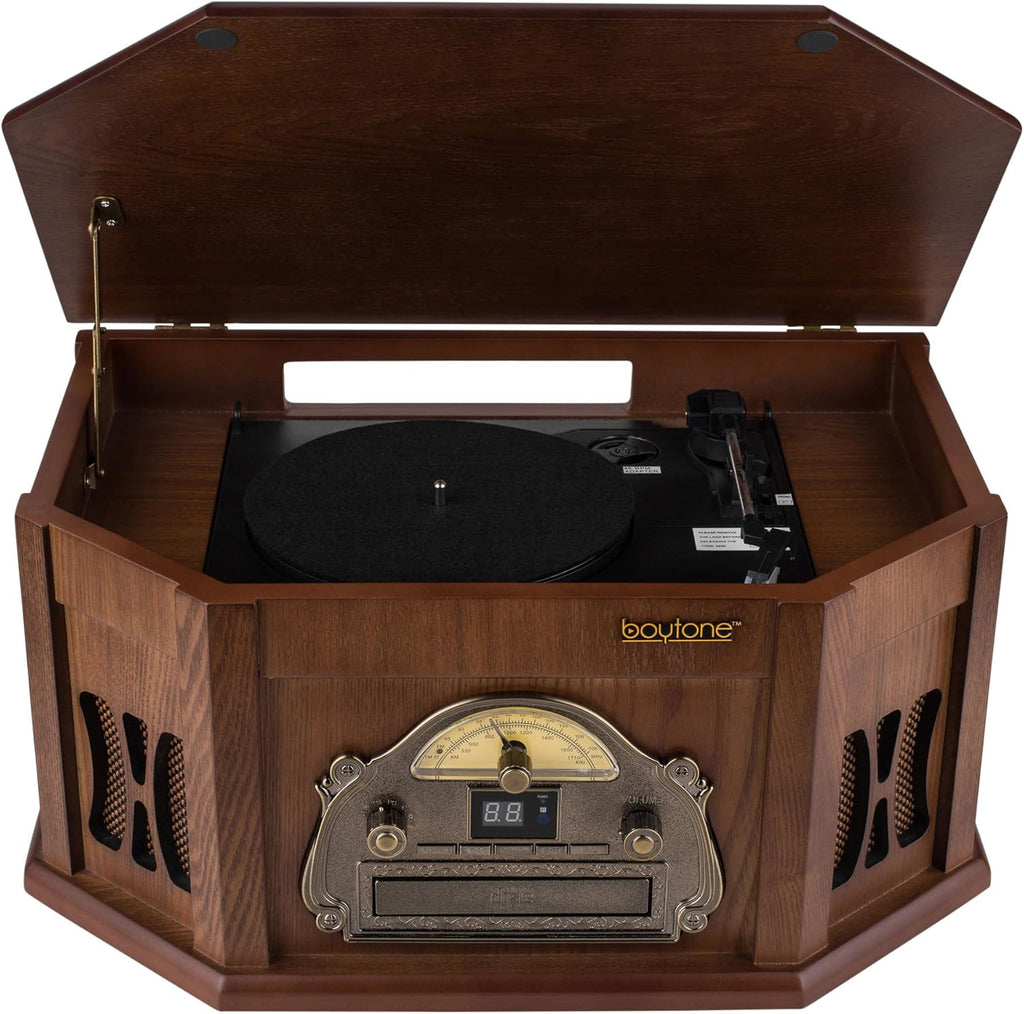 8-in-1 Natural Wood Turntable Stereo System with Bluetooth E374