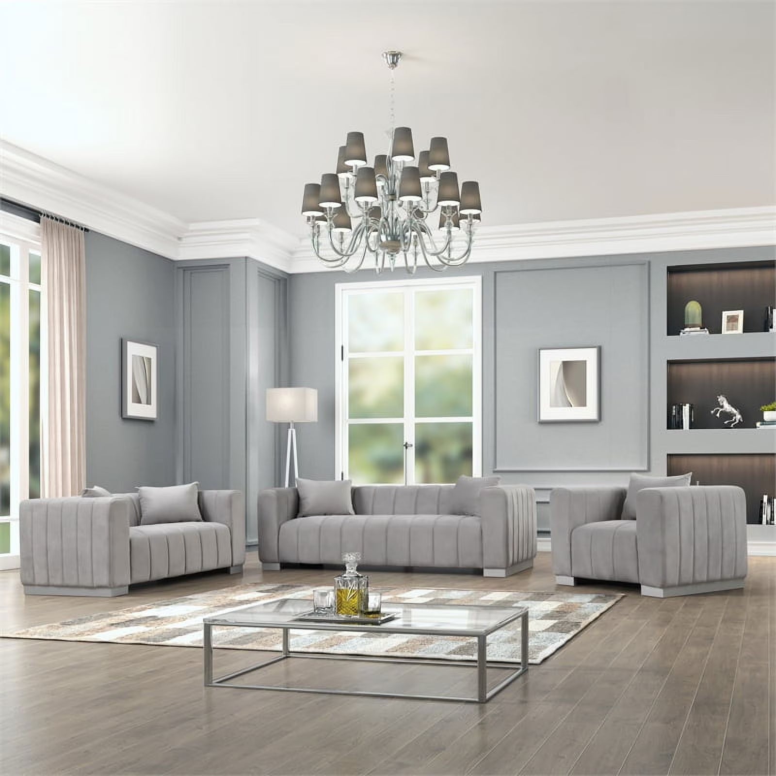 Light Gray Velvet 3 PC Sofa Loveseat Chair Set S928