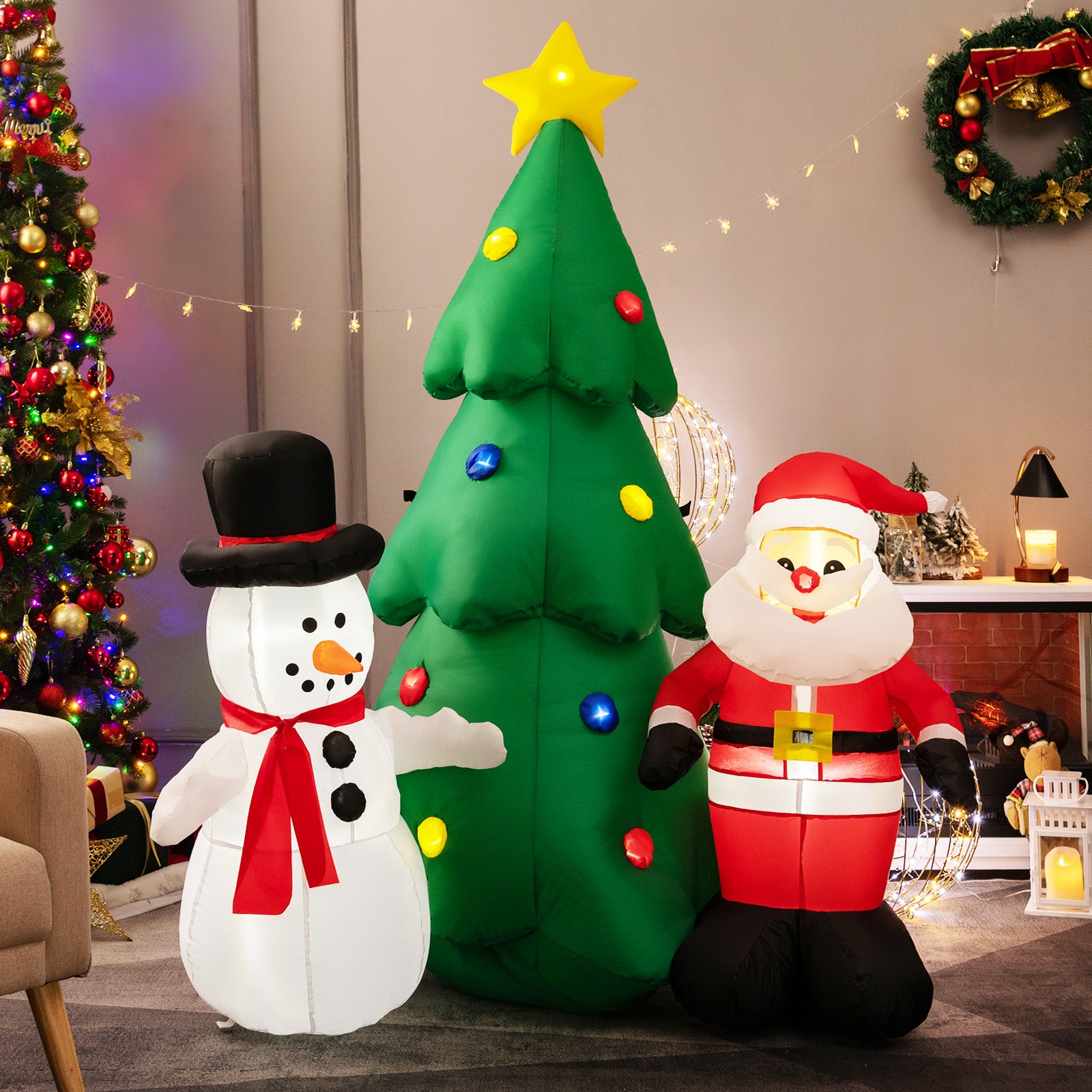 6FT Inflatable Christmas Tree & Santa Claus w/ LEDs & Air Blower Yard Decoration G34577