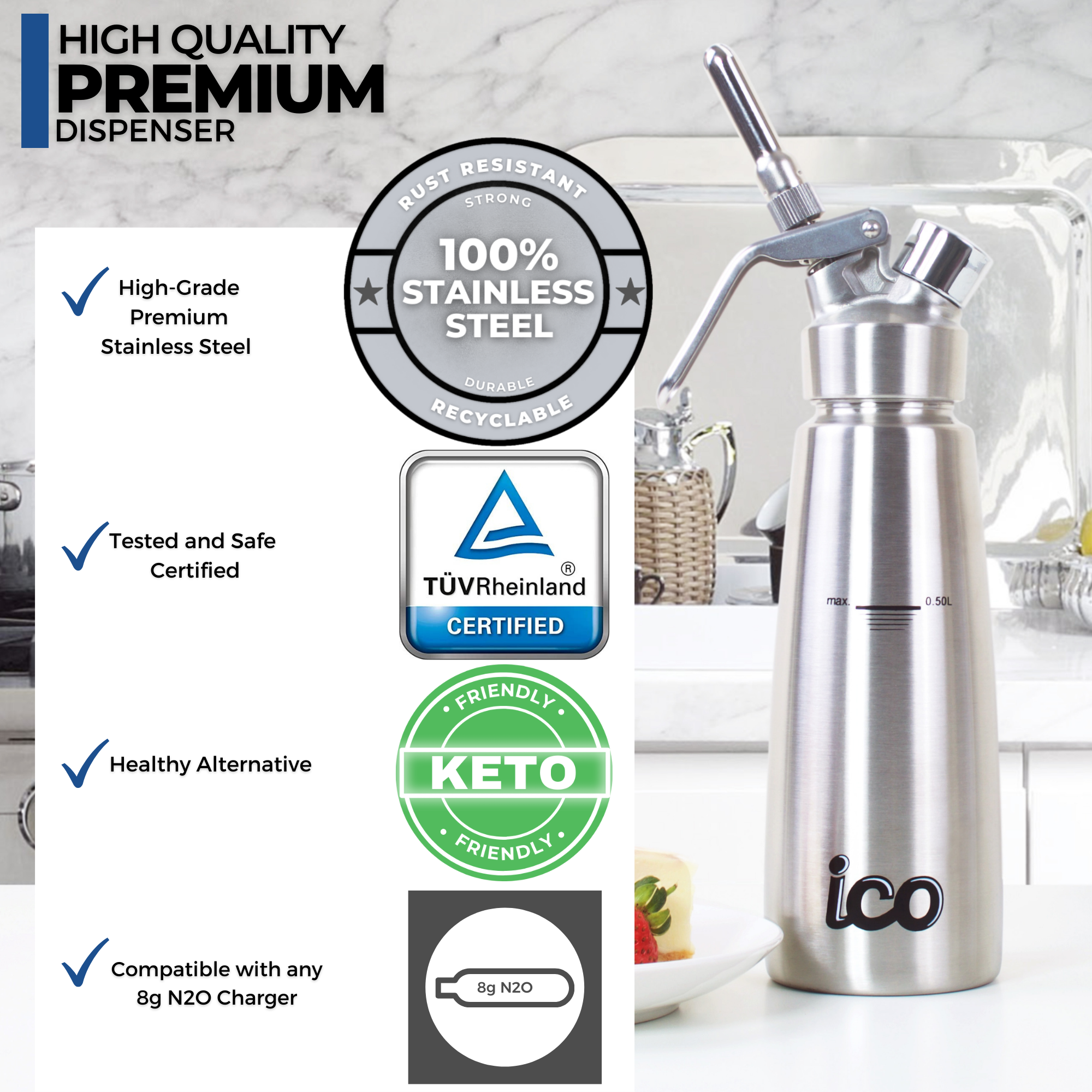Stainless Steel Whipped Cream Dispenser, 1 Pint L52182