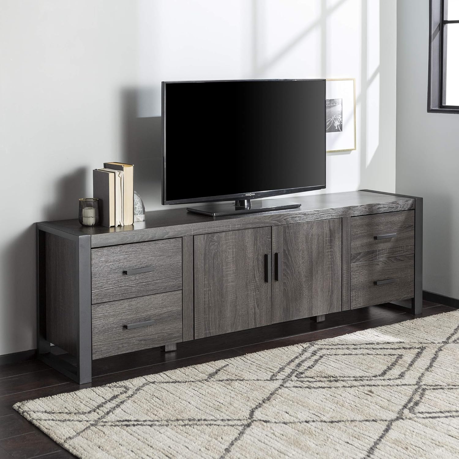 70 Inch Charcoal Wood TV Stand with Cabinet Doors E16764