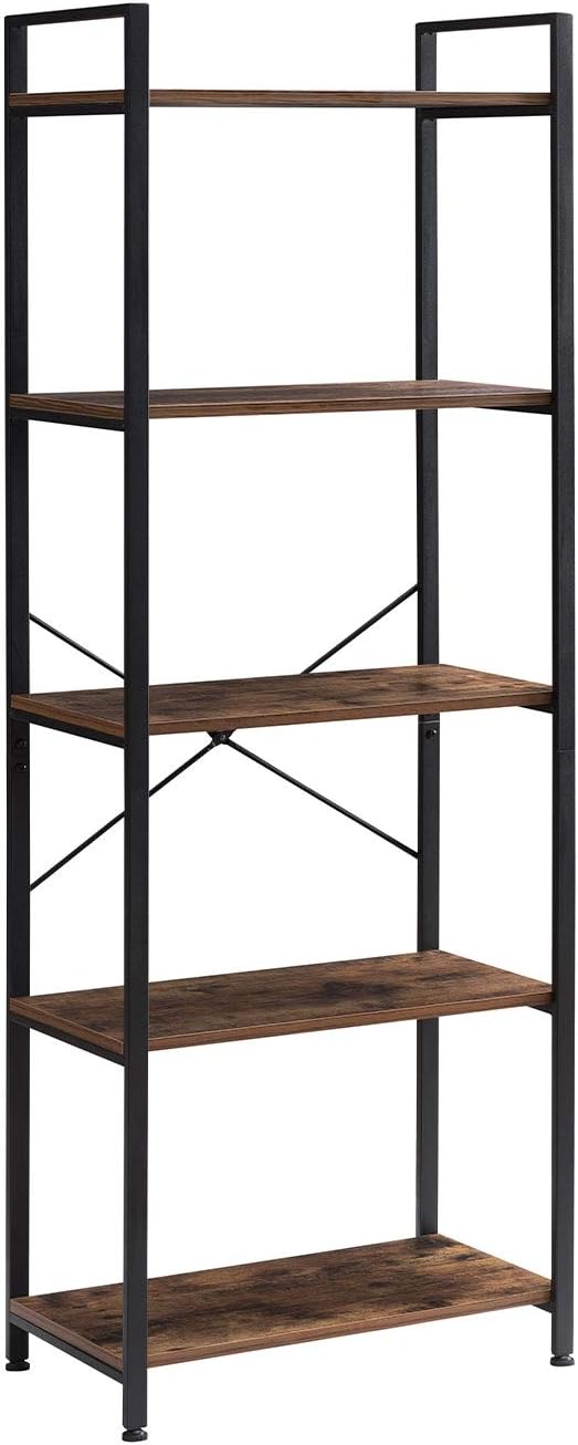 5-Tier Industrial Retro Brown Wood and Metal Bookcase P240837