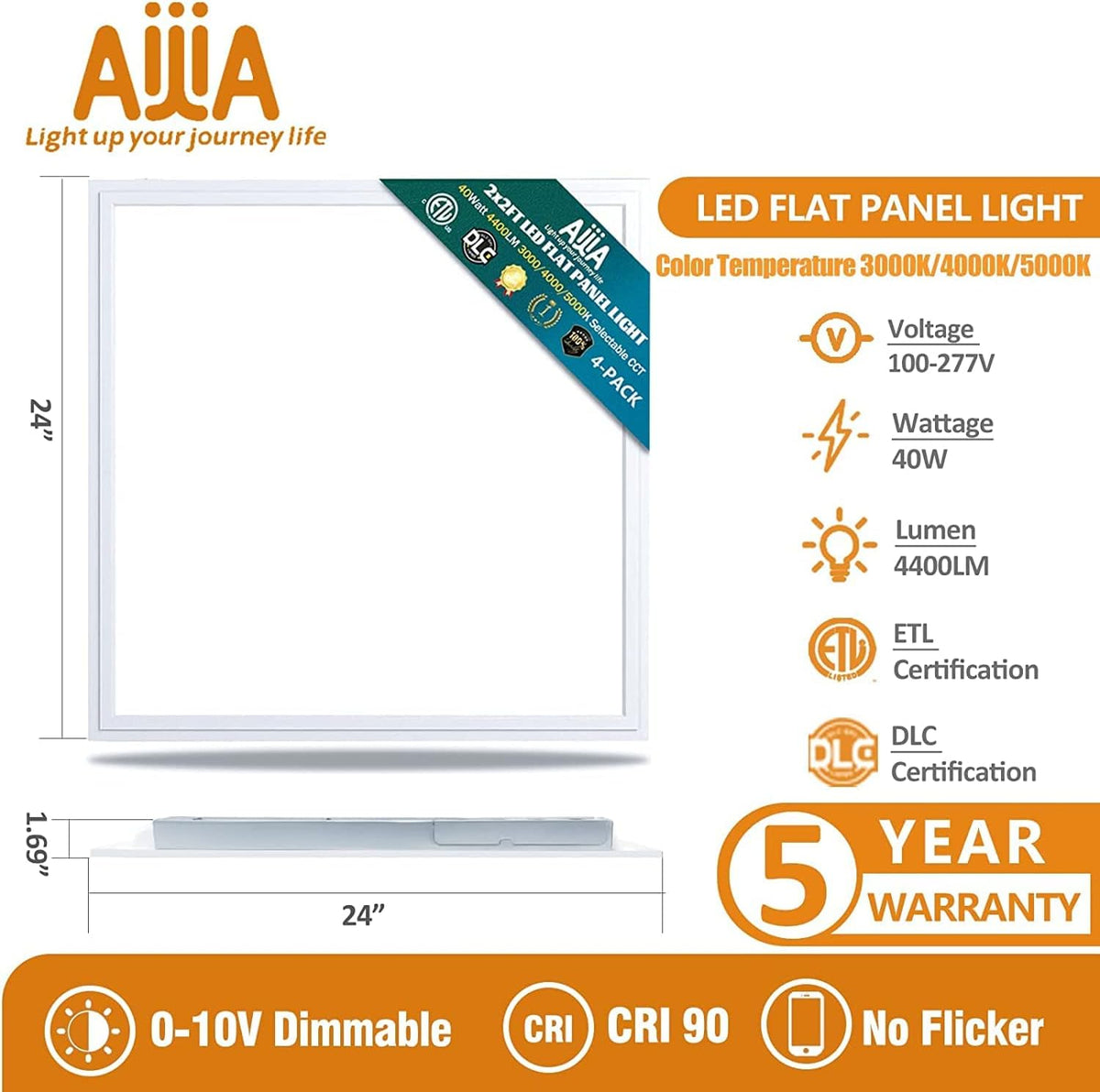 2x2FT LED Flat Panel Light, Selectable CCT, Dimmable, 40W 4000LM, 4Pack O148