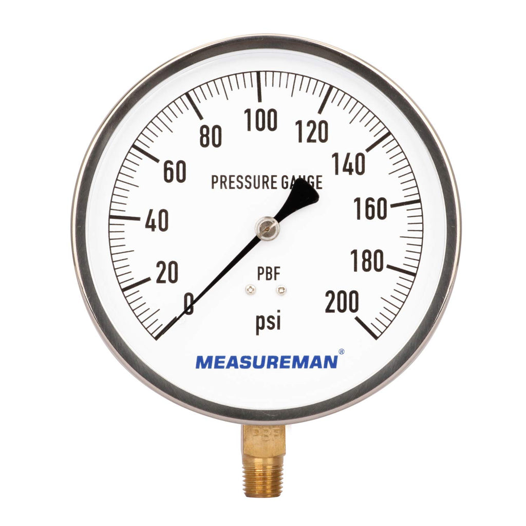 304 Stainless Steel Case Pressure Gauge, 0-200Psi, 4-1/2 Dial Size, 1/4 NPT Lower Mount C7686