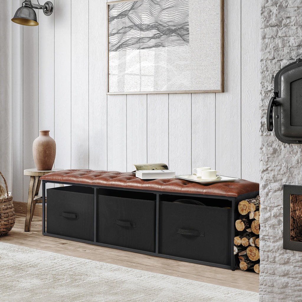 Brown Button Tufted Faux Leather Storage Bench G33872
