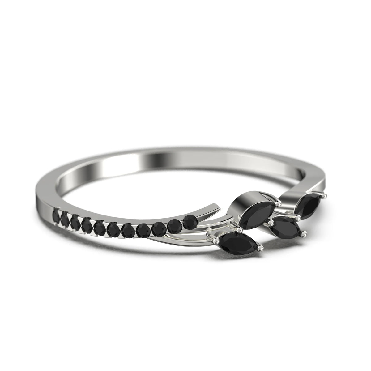 18K White Gold Over Silver Marquise Cut Black Diamond Moissanite Wedding Band P621353