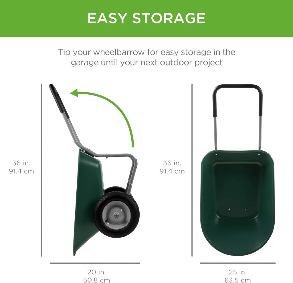 Green Dual-Wheel Utility Wheelbarrow Garden Cart with Built-in Stand I72739