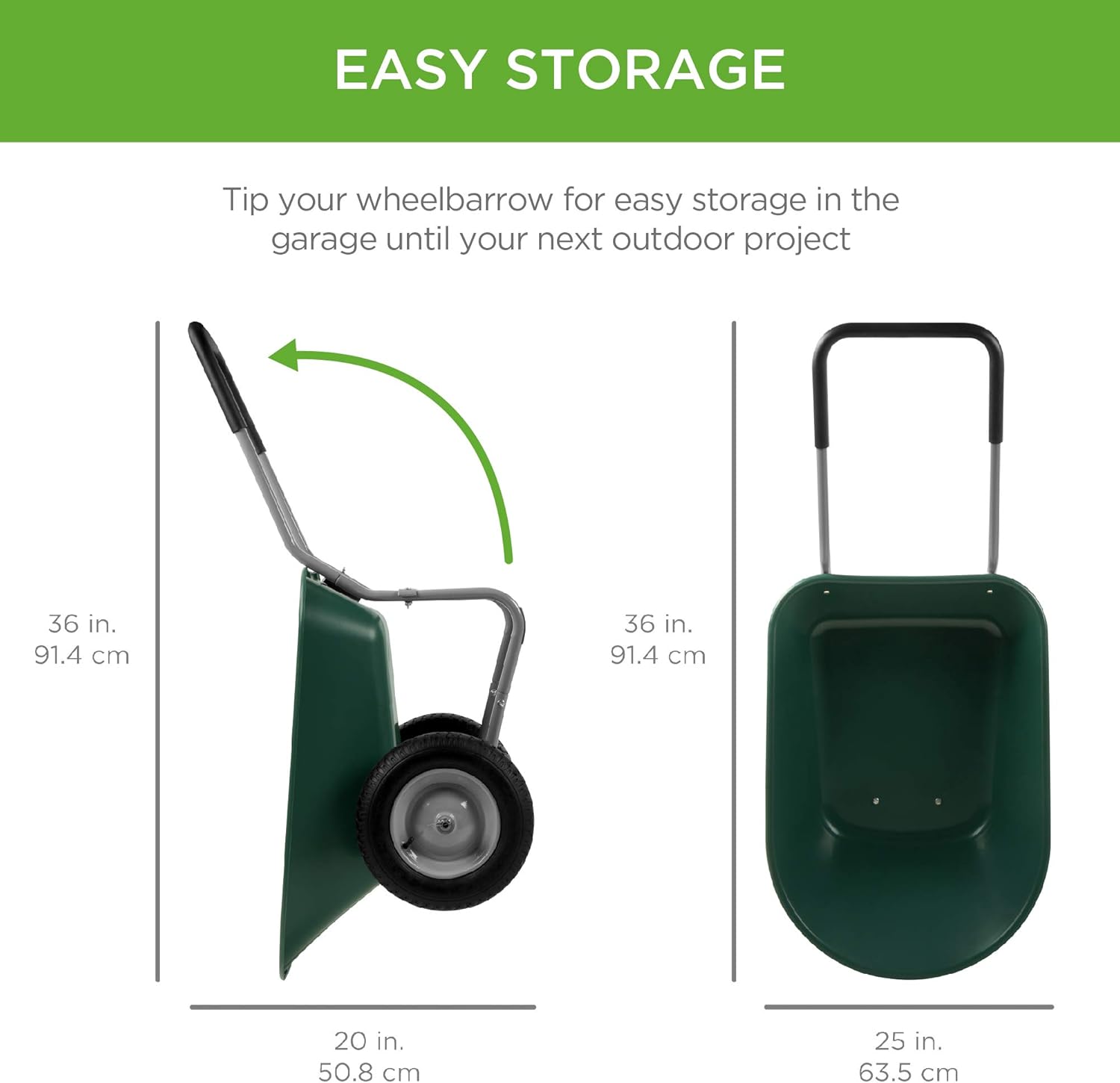 Green Dual-Wheel Utility Wheelbarrow Garden Cart with Built-in Stand I72739