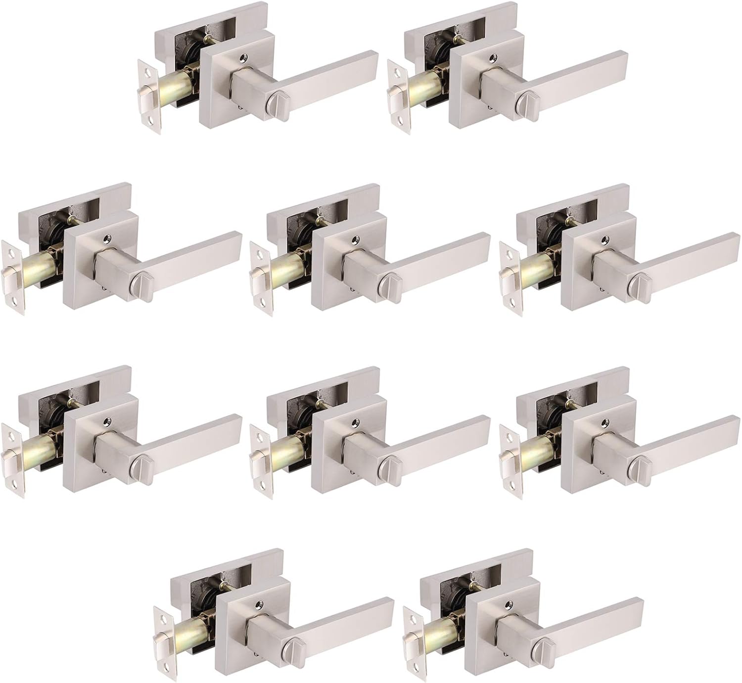 Satin Nickel Square Privacy Door Handles Leverset Lockset 10Pack D7634
