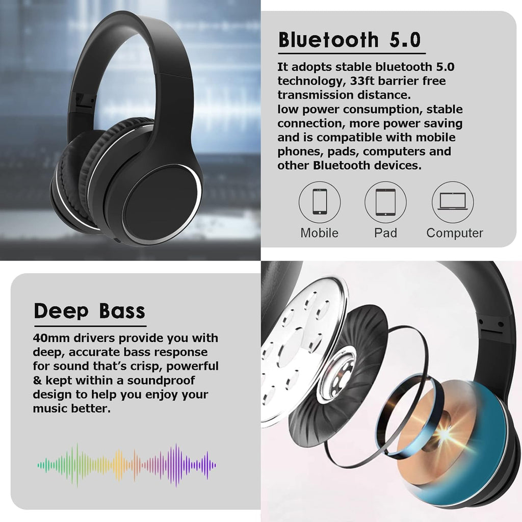 Black Bluetooth Over Ear Headphones with Mic T278
