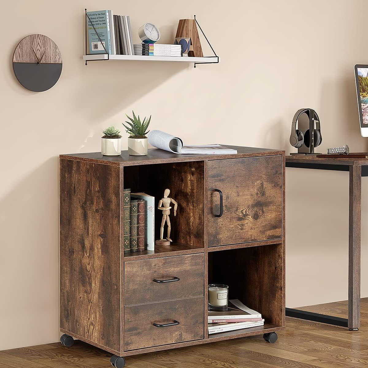 2 Drawers Mobile Wooden Lateral Filing Cabinet with Lockable Casters M89165