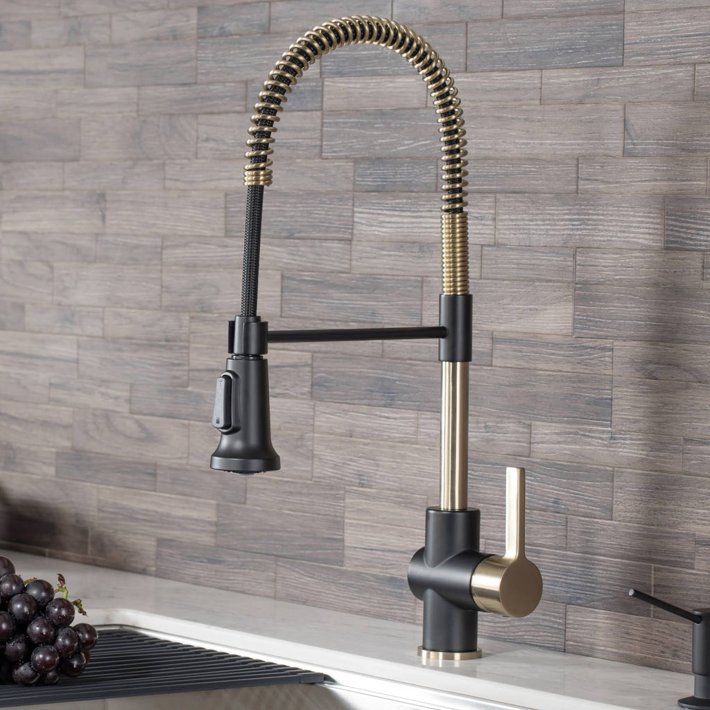 Brushed Gold & Matte Black Commercial Kitchen Faucet with Dual Function Sprayhead Y4658