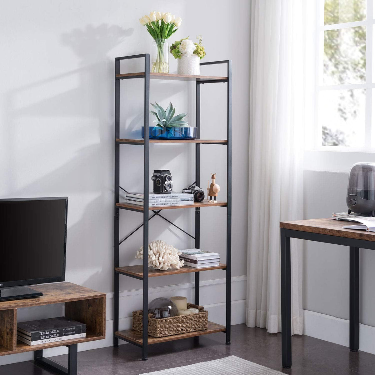 5-Tier Industrial Retro Brown Wood and Metal Bookcase P240837