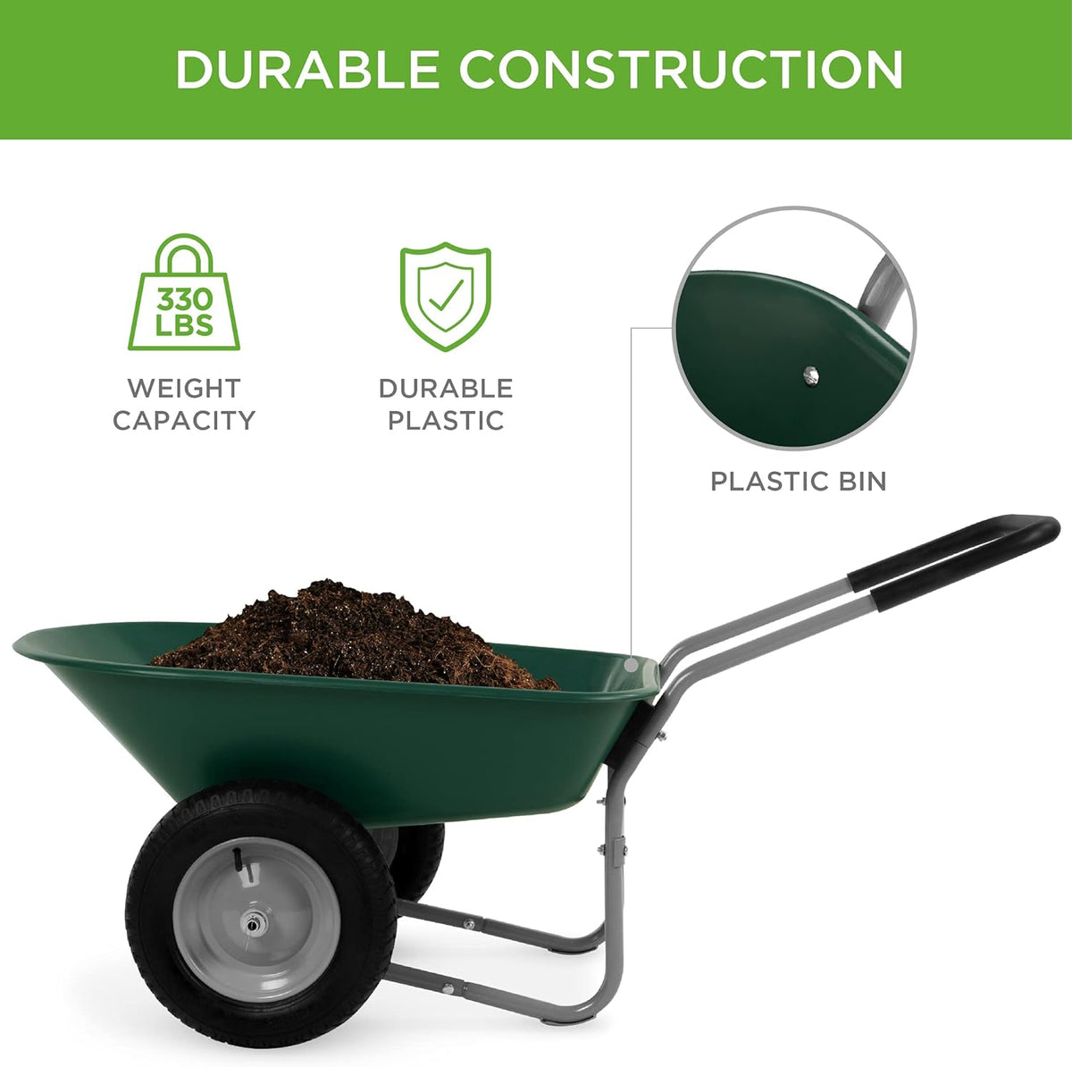 Green Dual-Wheel Utility Wheelbarrow Garden Cart with Built-in Stand I72739