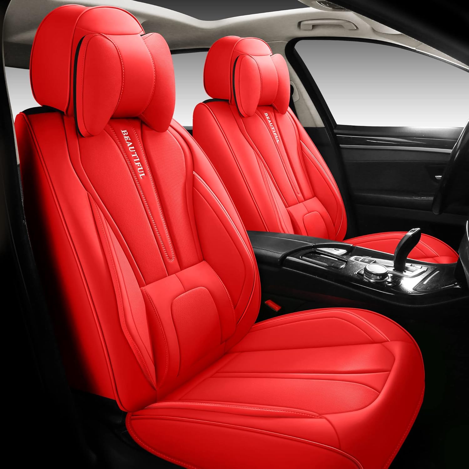 Red Leather Car Seat Covers Full Set 5 Seats P2868