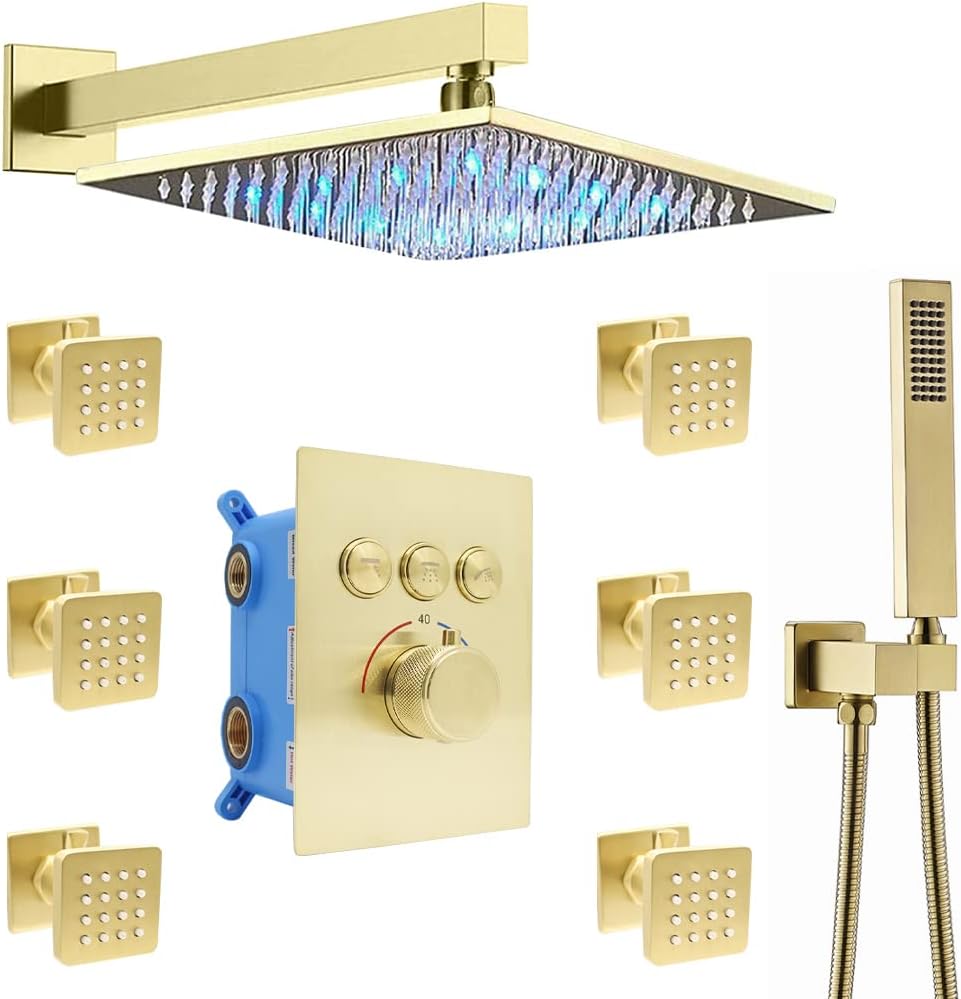 Matte Black 12 Inch Wall Mount LED Rainfall Shower System with 6pcs Body Jets and Shower Handheld D732