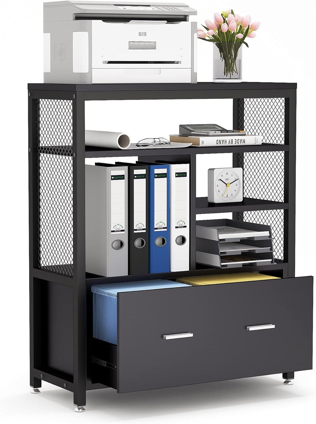 Black Wood Lateral File Cabinet with Drawer and Metal Wire Open Storage Shelves V670778