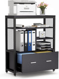 Black Wood Lateral File Cabinet with Drawer and Metal Wire Open Storage Shelves V670778