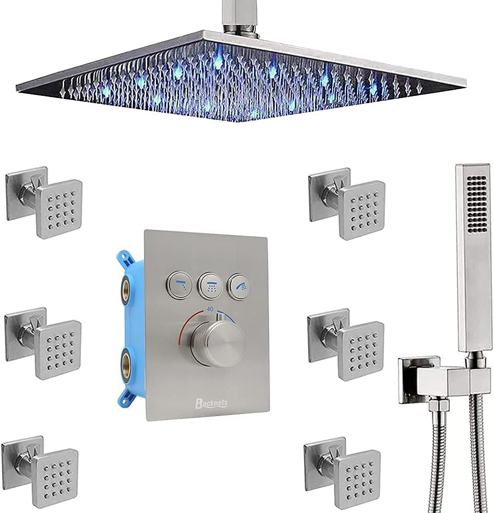 Matte Black 12 Inch Wall Mount LED Rainfall Shower System with 6pcs Body Jets and Shower Handheld D732