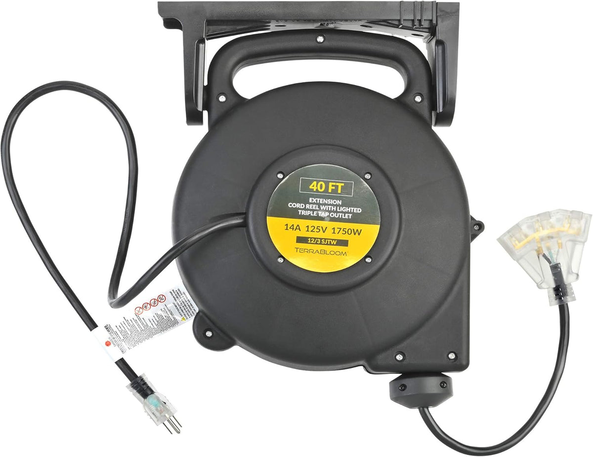 45 Ft Retractable Extension Cord Reel with 3 Electrical Outlets Heavy Duty Yellow Case Black Cable W974283