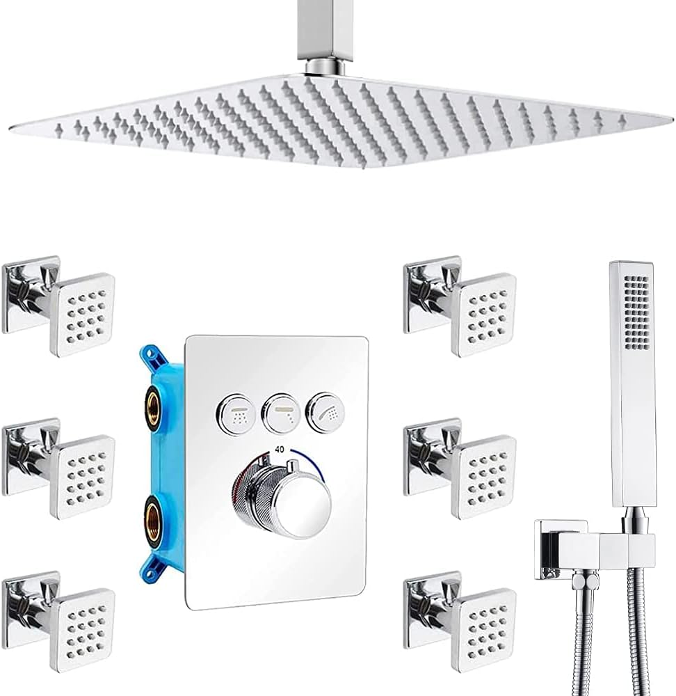 Matte Black 12 Inch Wall Mount LED Rainfall Shower System with 6pcs Body Jets and Shower Handheld D732