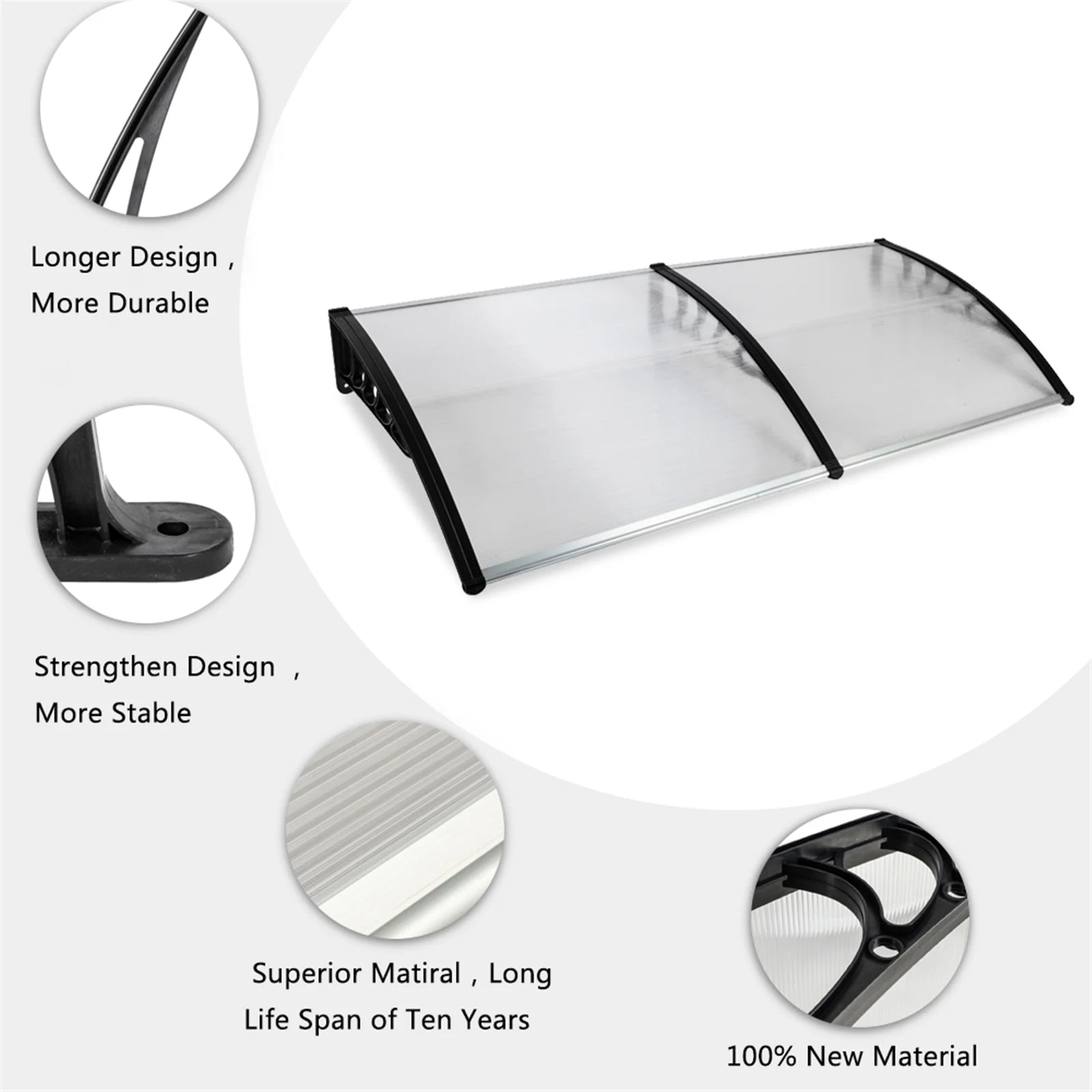 200 x 100 Clear Polycarbonate Rain Cover Eaves with Black ABS Bracket R204570