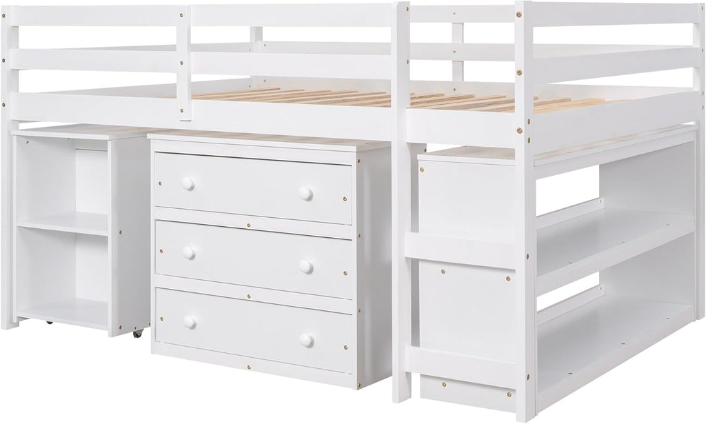 White Full Size Low Loft Bed with Cabinet Shelves and Rolling Portable Desk MDF Pine Z69644