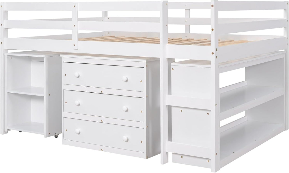 White Full Size Low Loft Bed with Cabinet Shelves and Rolling Portable Desk MDF Pine Z69644