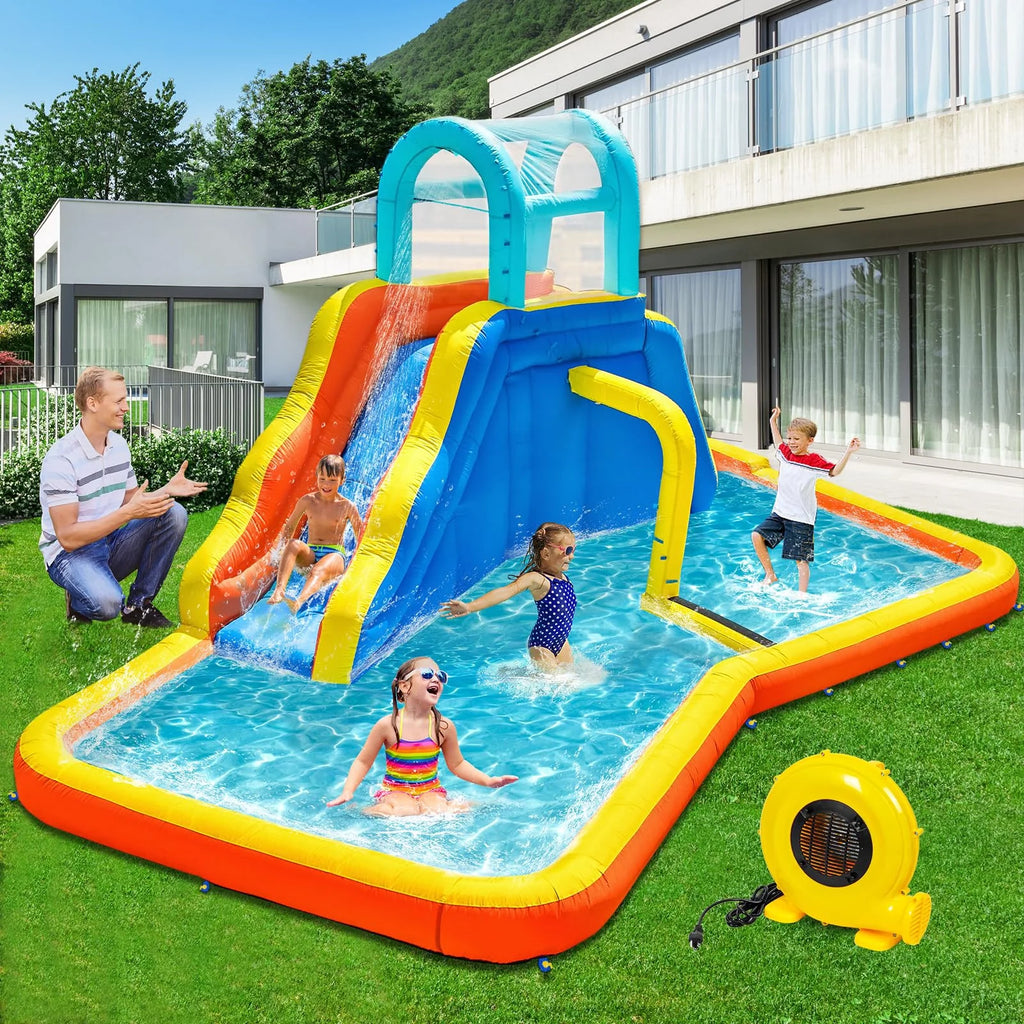 Inflatable Water Slide Park with Spray Pool, Bounce House with Climbing Wall and Blower M26094