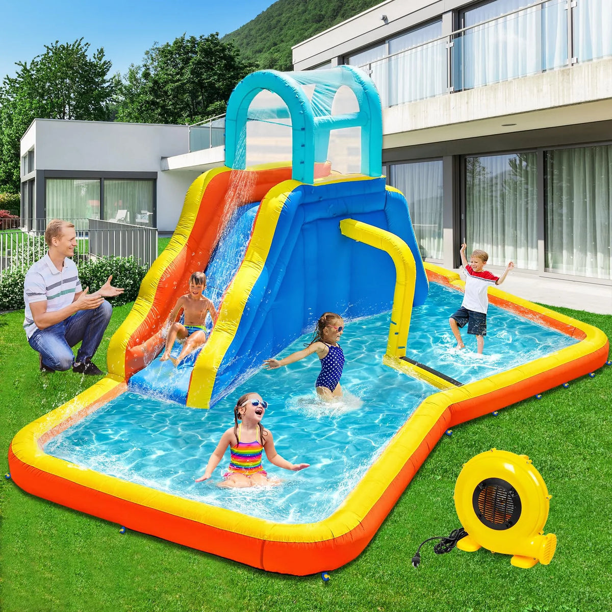 Inflatable Water Slide Park with Spray Pool, Bounce House with Climbing Wall and Blower M26094